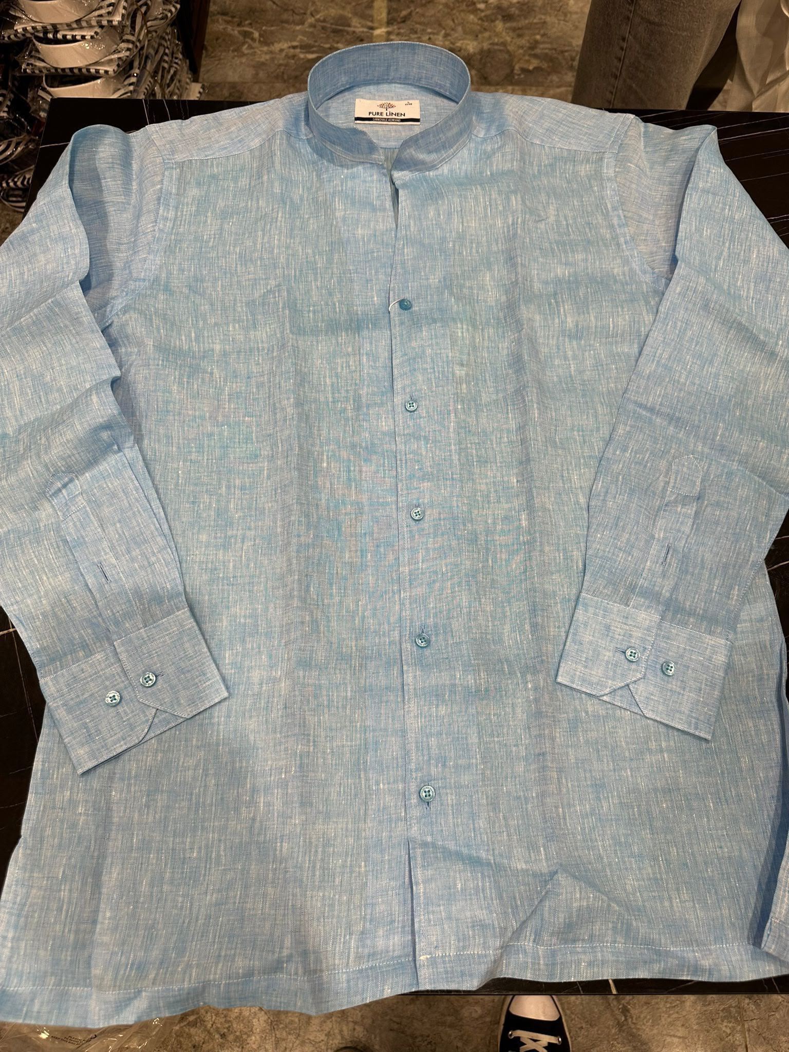 Chemise Lin Bleu Col Mao