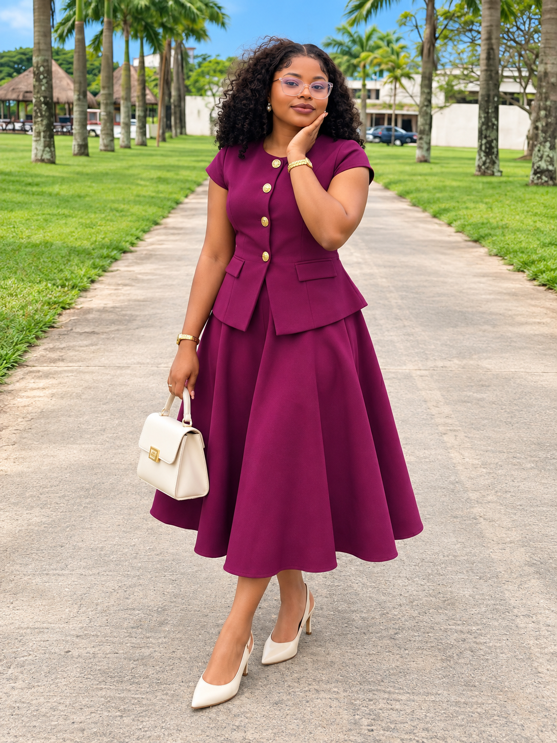 Ensemble Veste & Jupe Midi Boutons Dorés
